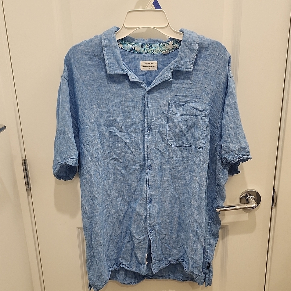 Projek Raw Linen Blend Blue Casual Button Down Shirt Mens XL Summer Tropical